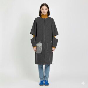 Handmade Gray Wool Elbow Cut-Out Embroidered Mid-Length Coat - 6/8, M, OOAK!